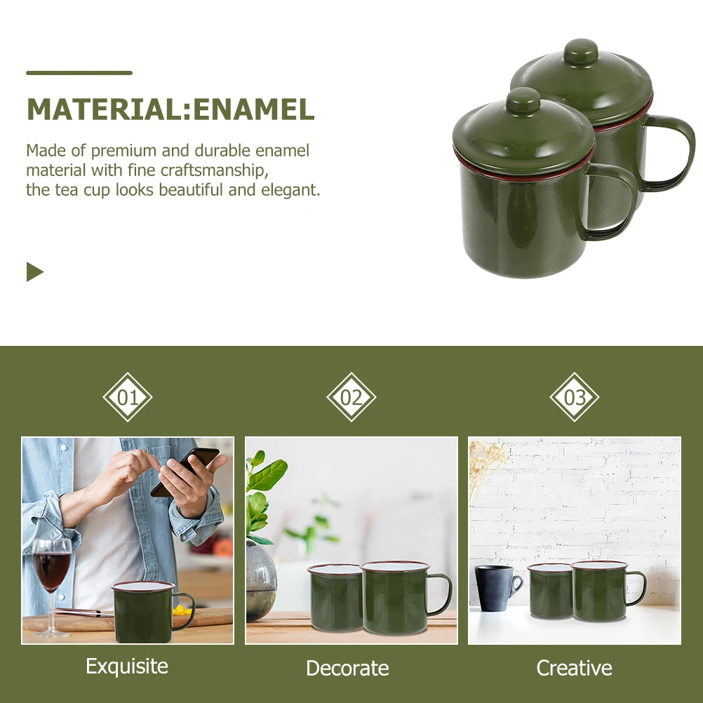 

2 Pcs Retro Enamel Cups 9CM Lidded Durable Coffee Mugs Home Supply Multi function Water Cups Portable