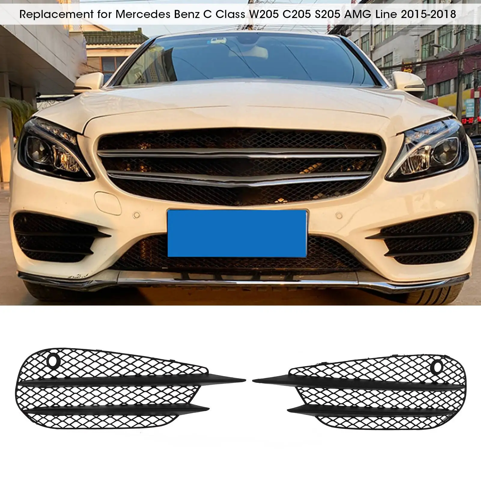 Fog Light Frame Front Bumper Fog Lamp Grille Replacement for Mercedes Benz C Class W205 C205 S205 AMG Line 2015-2018