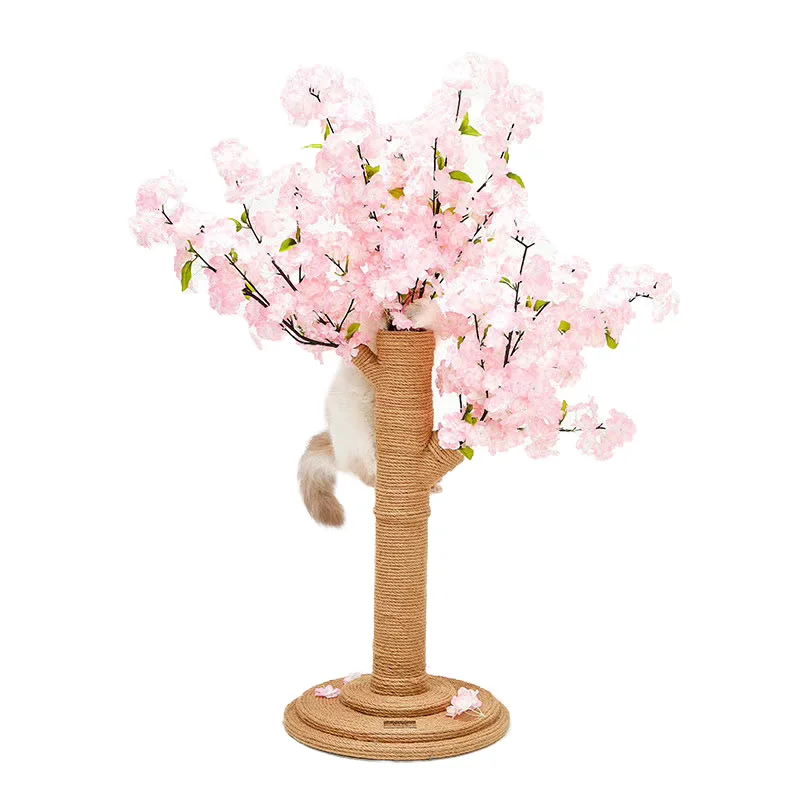 Durable handmade cherry tree cat scratching board, wrapped in hemp rope, 68cm, with plastic pot claw scratching board, artificia