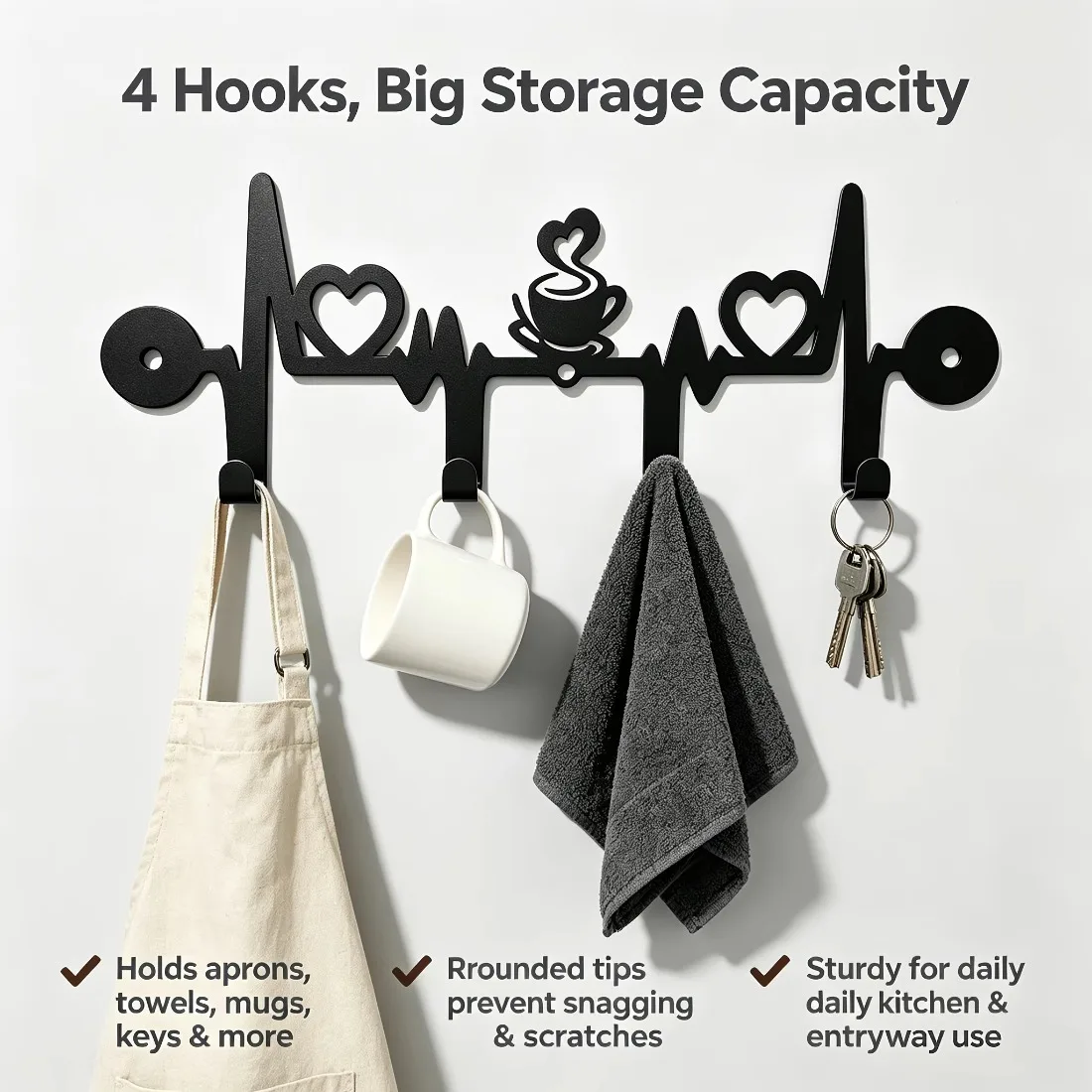CIFBUY 1pc ECG Heartbeat Coffee Pattern Metal Wall Hook Key Coat Hat Hanger Space Saving Rack for Coffee Cups, Powder-Coated