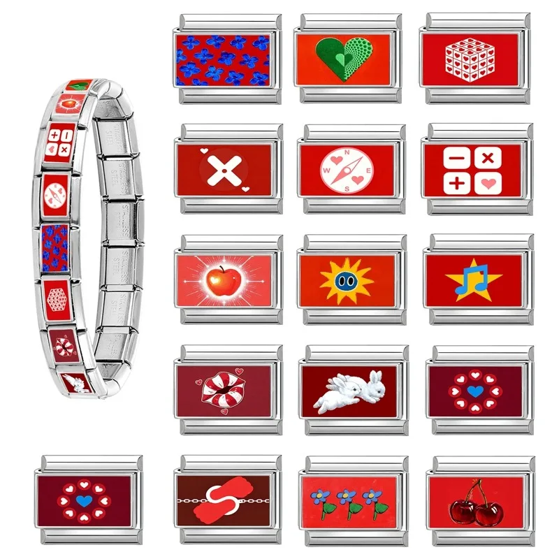 Cartoon Style Italian Charms Bracelet 9mm Stainless Steel Angel Wings Shiny Apple Red Cherry Jewelry DIY Making Gift for Adult