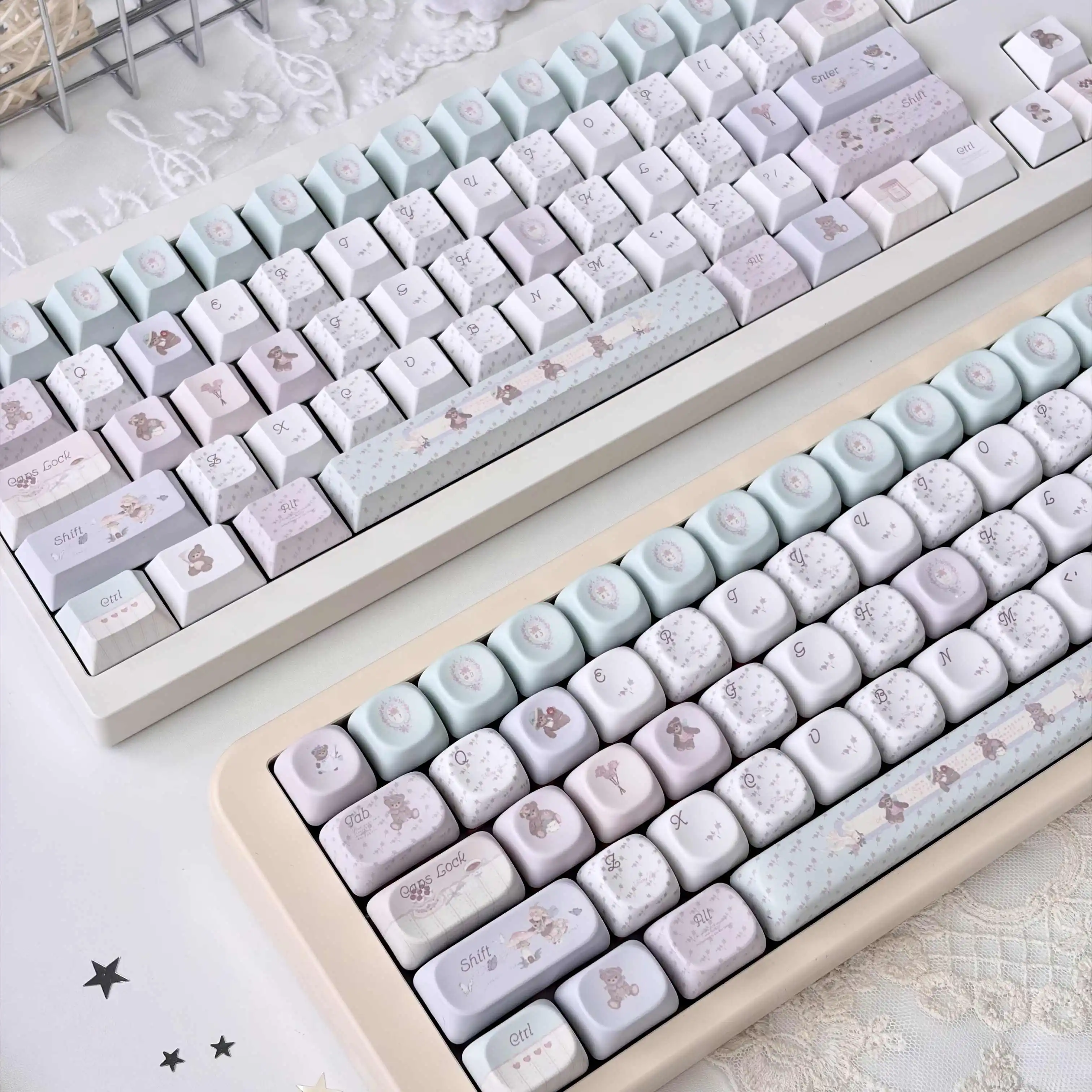 Cute Little Bear MOA DMA Cherry Profile Side-Transparent PBT Sublimation Keycap 130-Key Set for MX Switch Mechanical Keyboard