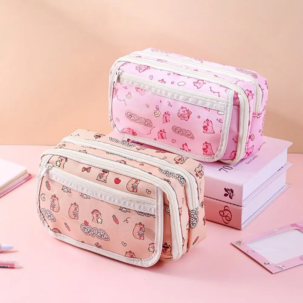 

Canvas Capybara Pen Bag Multi Layer Large Capacity Cartoon Pencil Cases Storage Bag Badge Display Stationery Bag
