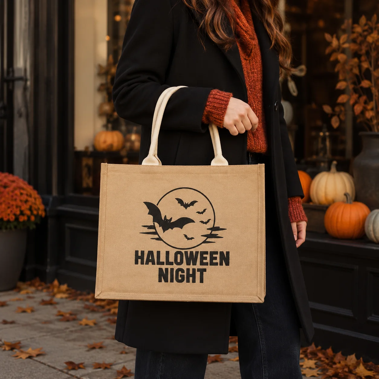 Personalized Halloween Tote Bag Burlap Jute Handbags Custom Bat Moon Jute Bag Fall Spooky Trick or Treat Shopping Daily Bags