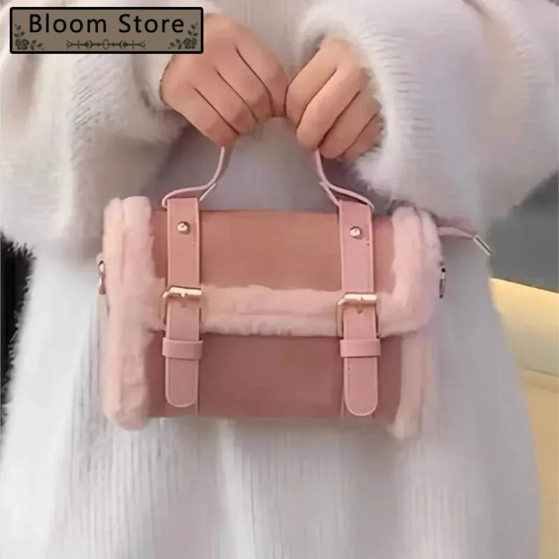 

Sweet Cute Pink Handbag Women Studded Fuzzy Trim Large Capacity Shoulder Bags Ladies Gentle Fashion Niche Design Crossbody Bag