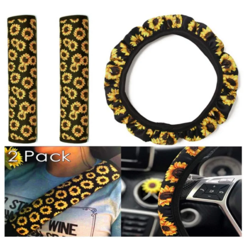 1/2pcs Sunflower Steering Wheel Belt Cover Car Accessories Set Car Interior Accessory for Black and Yellow