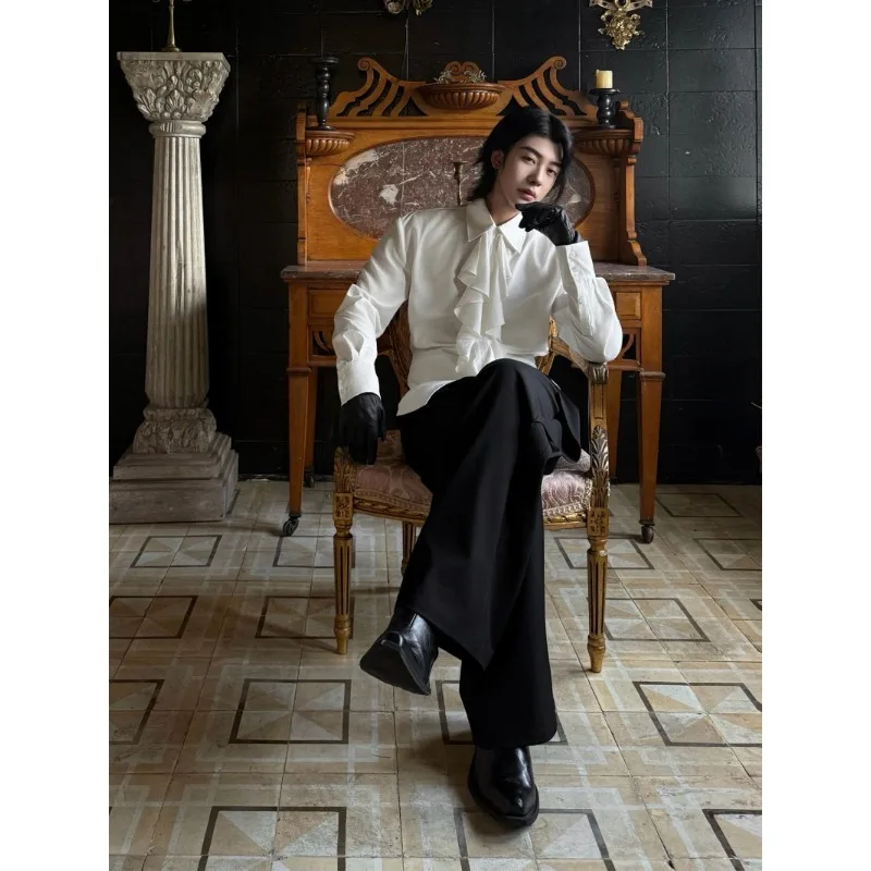 Men Court Detachable Lotus Leaf Collar Waist Long Sleeve Shirt