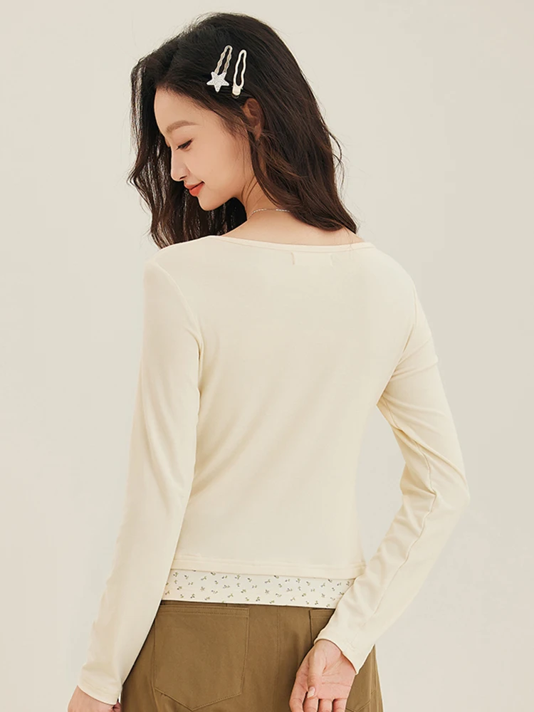 New Women Spring Autumn Floral Patchwork T-shirt Fashion O-Neck Long Sleeve Slim Print T-shirt Simplicity Sweet Basic T-shirt