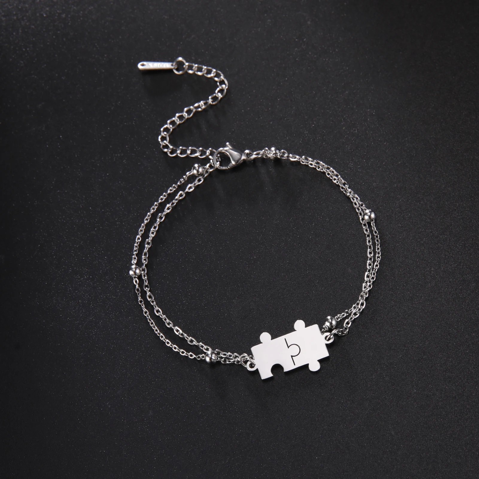 Puzzle Bracelet Stainless Steel Jigsaw Charm Double Layer Bead Chain Bracelets Interesting Special Jewelry Gift for Women Men