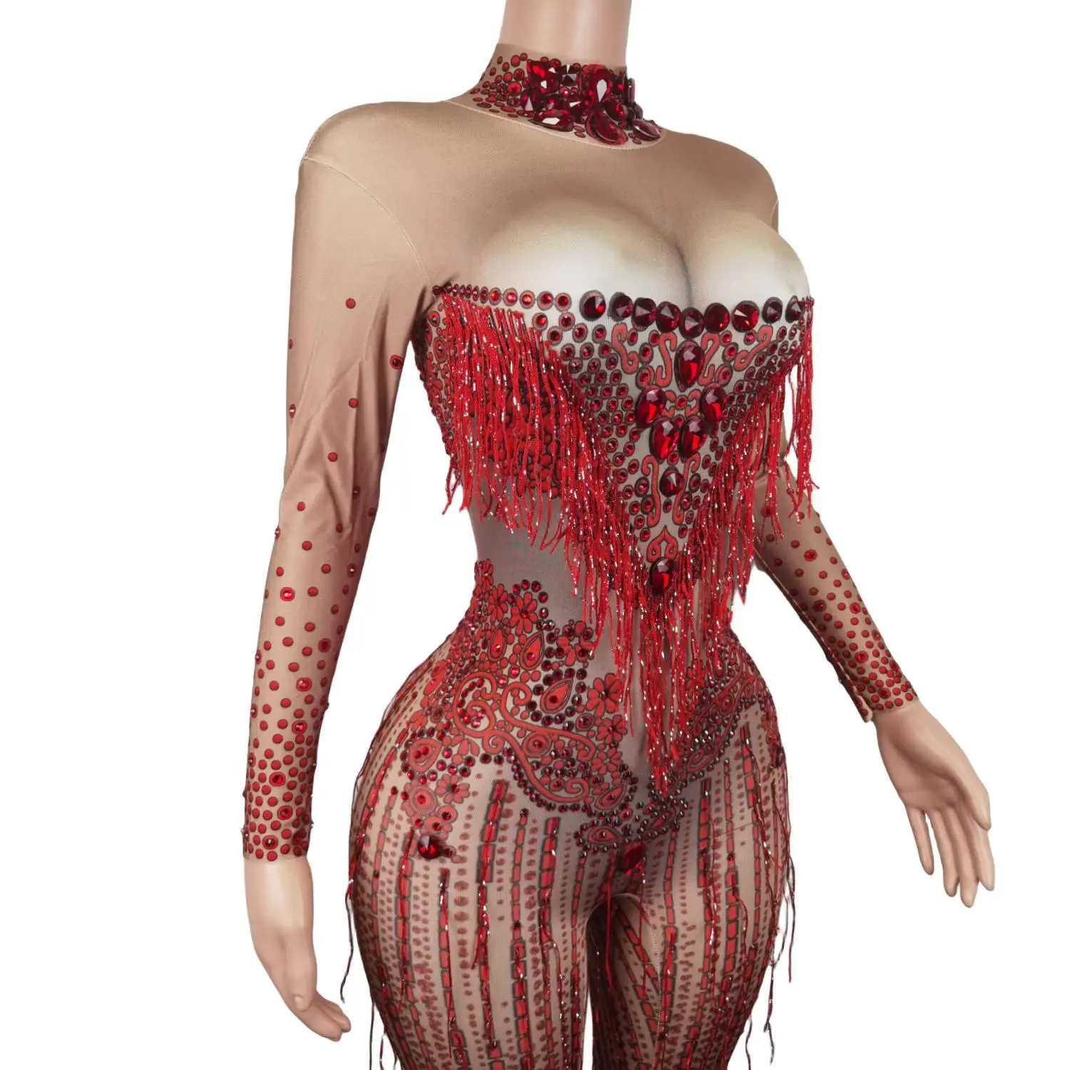 Red Tassel Spandex Bodysuit Rhinestone Plus Size Sexy Long Sleeve Jumpsuit Tassels Performance Wear Party Prom Bodycon Leotards