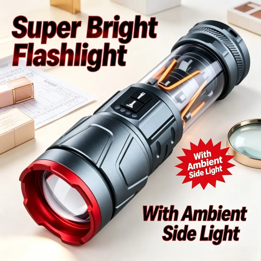Rechargeable Multifunctional Strong Flashlight Built‑in Ambient Side‑Light Long‑Distance Torch for Outdoor Night Activity