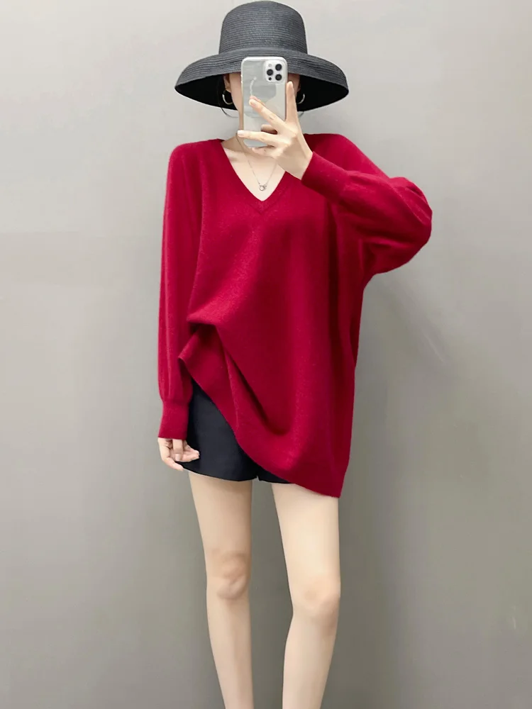 100% suéter de cachemira pura en otoño e invierno, suéter largo para mujer, vestido suelto con cuello en V y murciélago