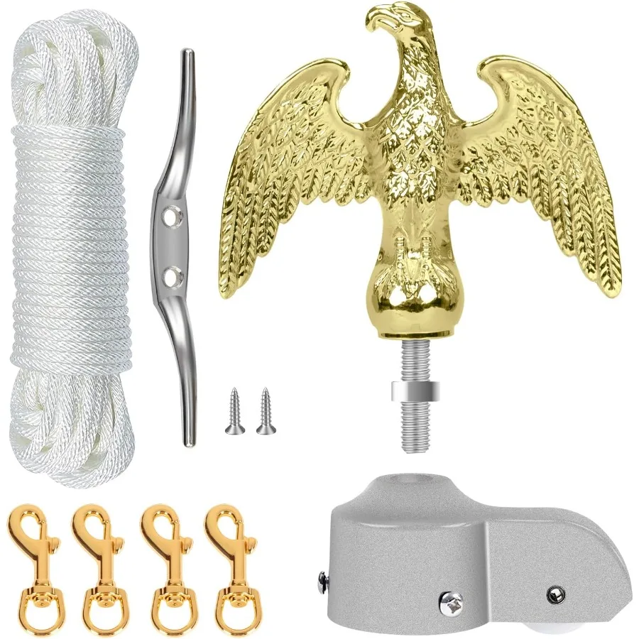 

NQ Flagpole Hardware Repair Parts Kit for 50FT Halyard Rope with 7 Eagle Topper and 6 Zinc Alloy Cleat Includes 4 PCS Metal Swi