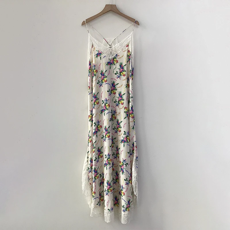 

Zadig Slip Dress Female Sexy Floral Colourful Wing Prints Long Dresses Women Elegant V-Neck Backless Lace Patchwork Rayon Robes