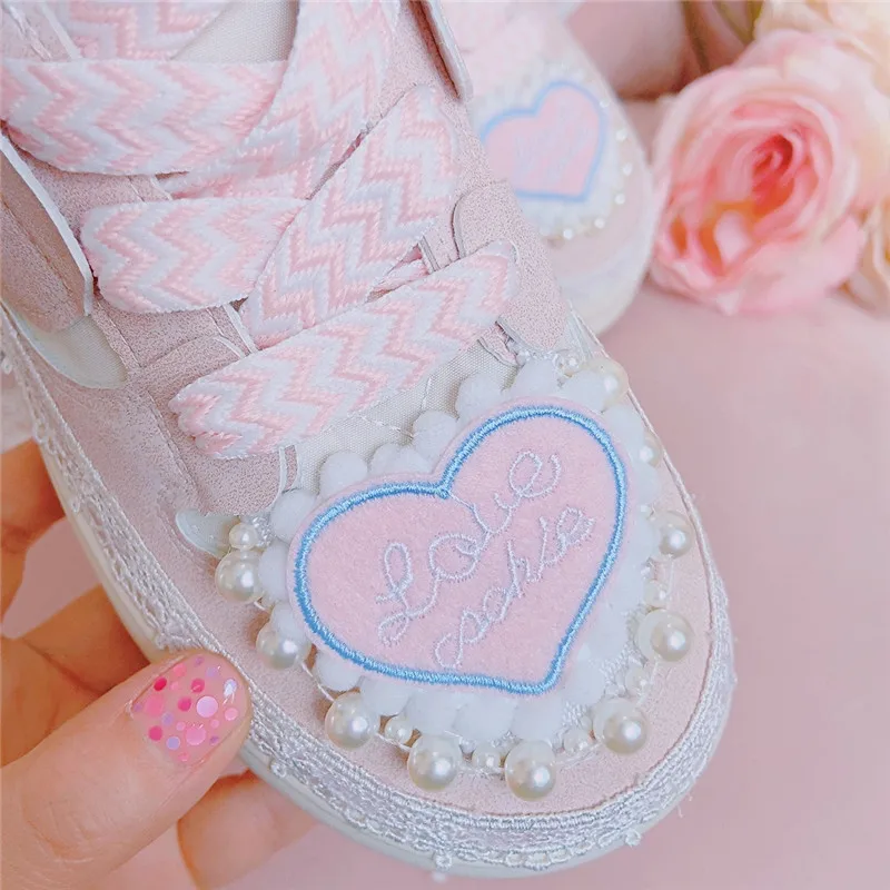 Heart Pearls Platform Sneakers Women Cute Thick Soled Casual Shoes Ladies Chunky Trainers Sweet Bow Lolita Sport Vulcanize Shoes