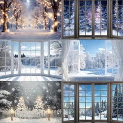 Winter Forest Window Scene Theme Photography Background Blue Sky White Snow Covered Natural Landscape Home Decor Photo Prop Gift