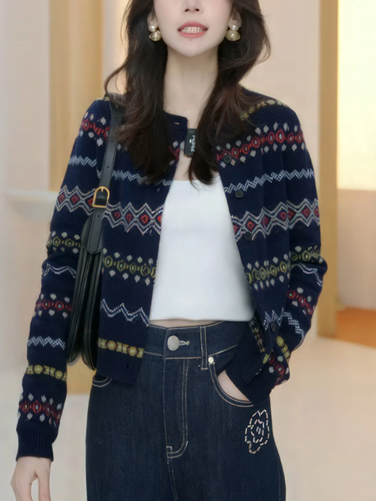 

Вязаный кардиган Gtuq с уникальным дизайном, ромбовидным принтом, длинными рукавами, женский, осенне-зимний, модный топ с круглым вырезом, стандартной длины