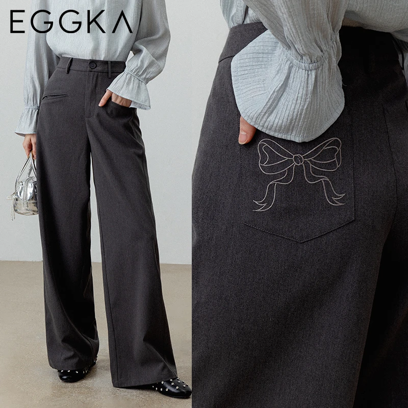 EGGKA Bow Print High Waist Straight Pants Autumn Solid Casual Pant Women\'s Korean Fashion Loose Gray Long Trousers with Pockets