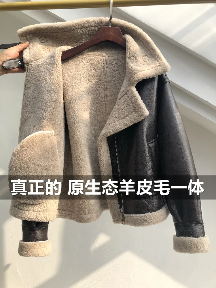 Natural Fur for Women Real Sheep Fur Coat Women’s Winter Clothes B3 Flight Suit Short Lamb Fur Motorcycle Leather Jacket Veste F