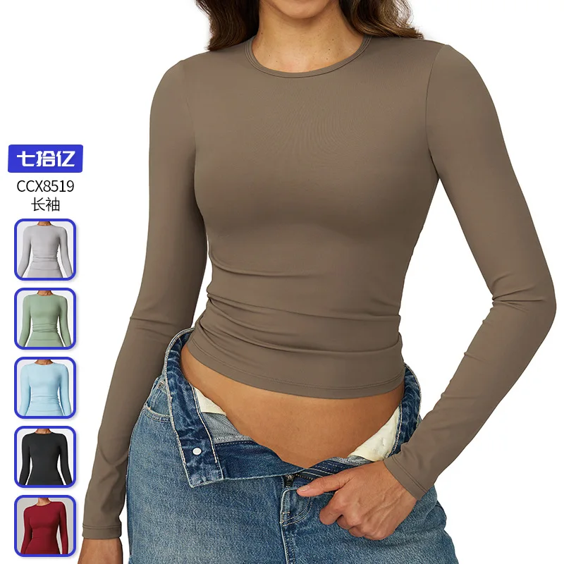 

European and American winter brushed long-sleeved yoga wear, high-intensity fitness wear, Pilates and running long-sleeved top