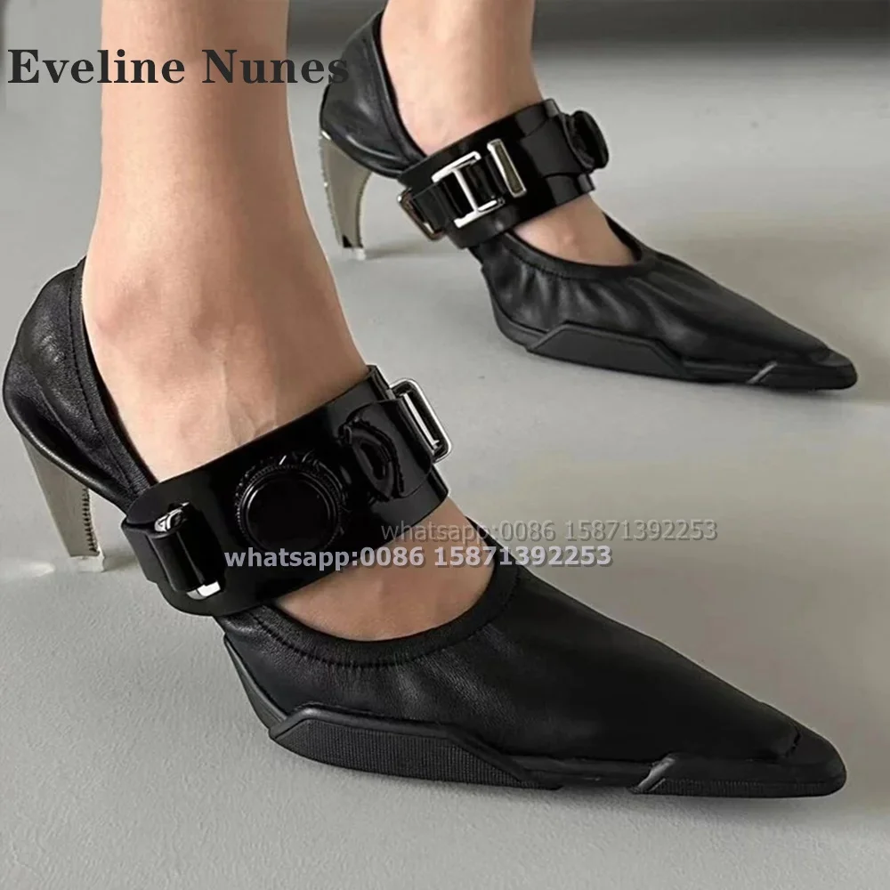 

Metal Decoration Strange Style Pumps Sexy Punk Luxury Shoes 2024 Pointed Toe Shallow Buckle Strap Solid Patchwork Women Heels