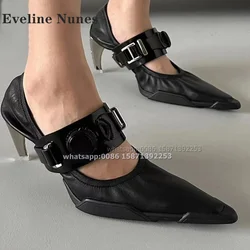 Metal Decoration Strange Style Pumps Sexy Punk Luxury Shoes 2024  Pointed Toe Shallow Buckle Strap Solid Patchwork Women Heels