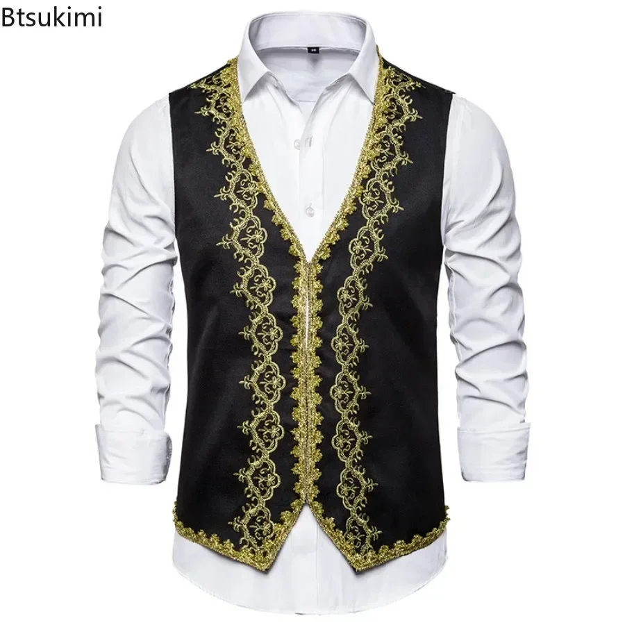 New Stylish Gold Embroidery Baroque Vests Men\'s Slim Palace Banquet Clothing Waistcoat Men Stage Prom Drama Opera Costume Gilet