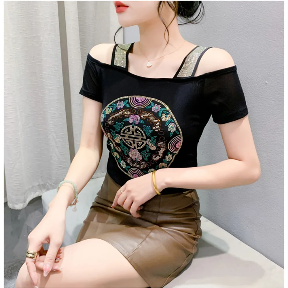 Summer New Short Sleeved Sexy Off Shoulder T-Shirt Street wear Girl Hot Drilling Mesh Tops Female Clothes