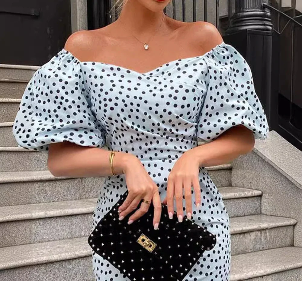 Sexy Evening Party Women's Dresses Elegant Casual One Neck Off Shoulder Bubble Sleeve Polka Dot Dress New Fashion 2024 Summer