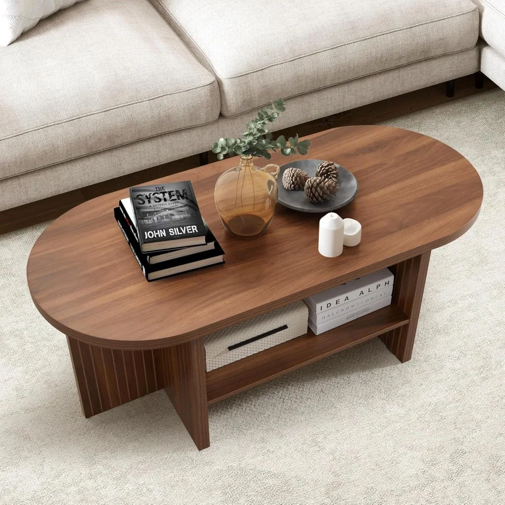 Farmhouse Style Oval Coffee Table with Storage Shelf for Living Room
