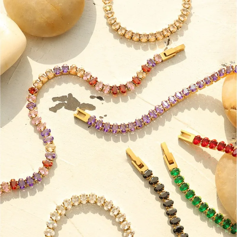 Multicolor Zirconia Necklace Bracelet For Women Stainless Steel Waterproof Women\'s Necklaces Bracelets Luxury Woman Jewelry Sets