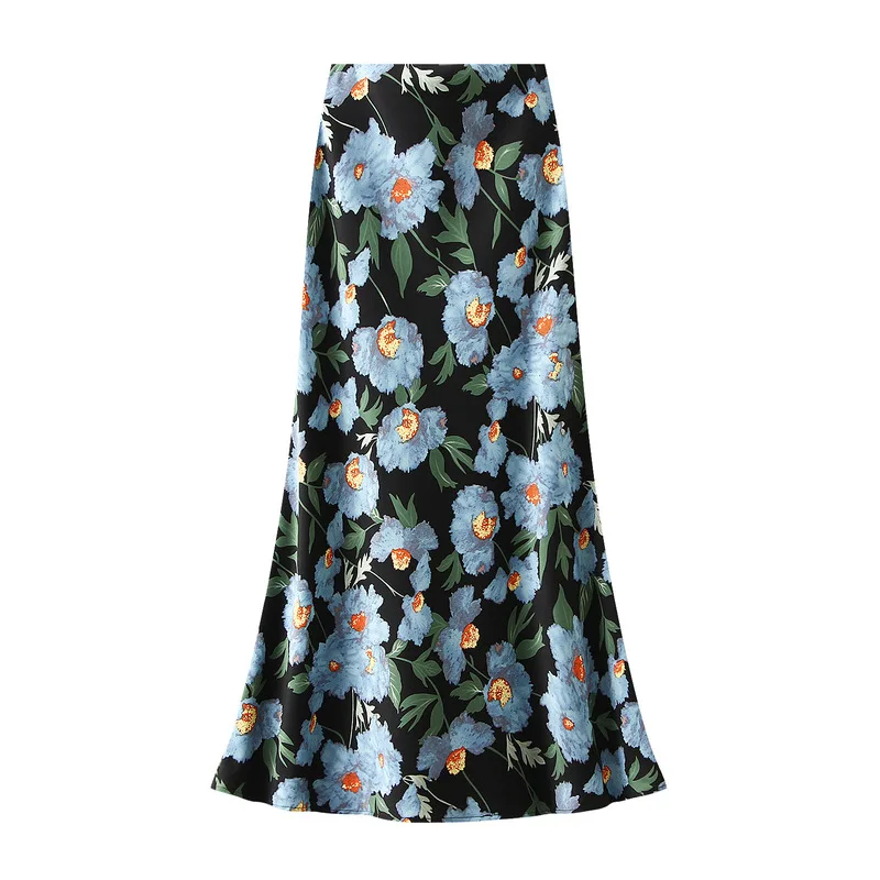 2025 New Fashion Elastic Waist Retro Printing Long Mermaid Skirt  Vacation Style High Split Slit Fishtail Skirts for Women
