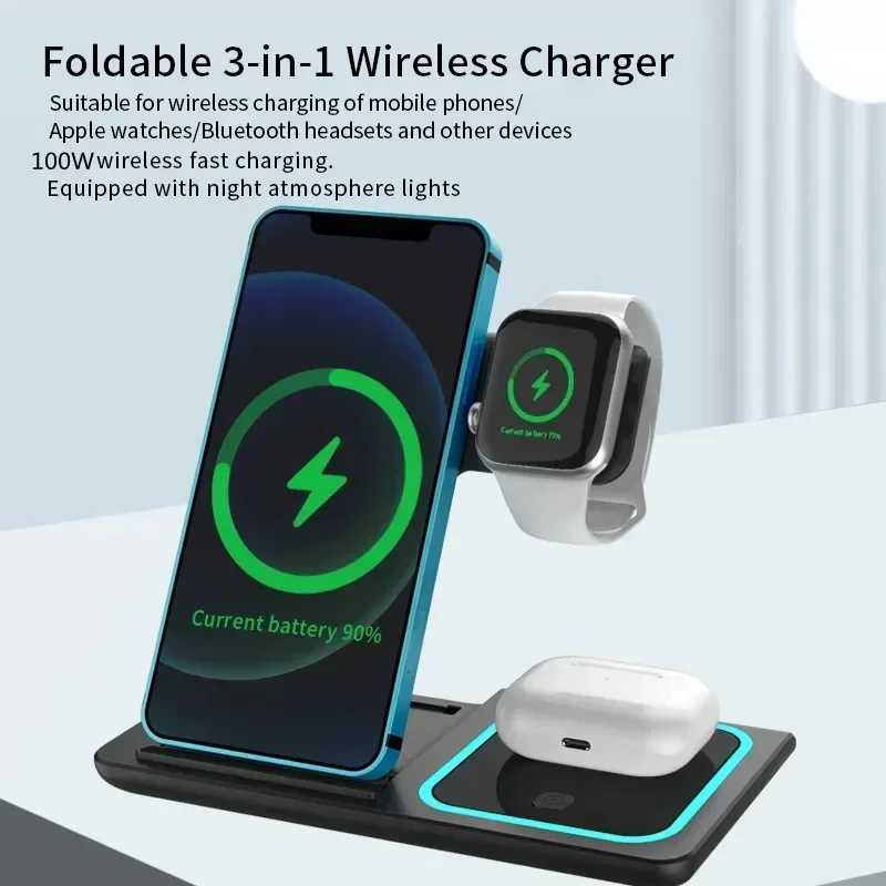 VIKEFON 30W 3 in 1 Caricatore wireless pieghevole Supporto Pad Luce LED Dock di ricarica rapida per iPhone 15 14 13 Apple Watch 8 7 Airpods