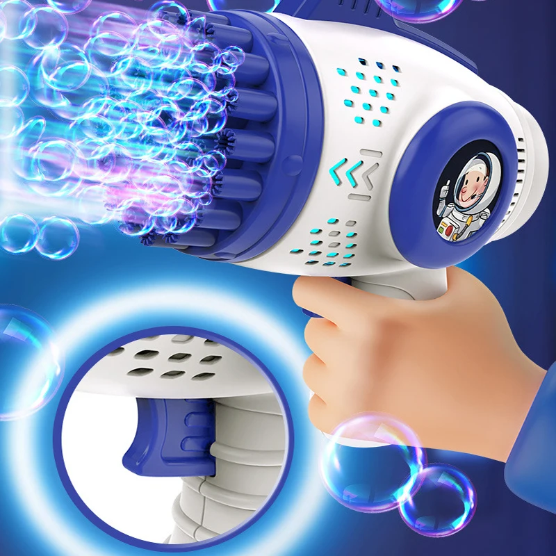 Arma de atirador de bolhas para crianças, blaster de bolhas de 32 buracos com luzes LED, máquina de bolhas divertida ao ar livre para meninos e meninas