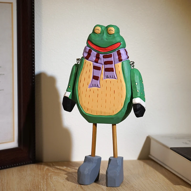 

"Frog Warm Man" handmade wood carving small ornament, cute cartoon office home desktop decoration gift