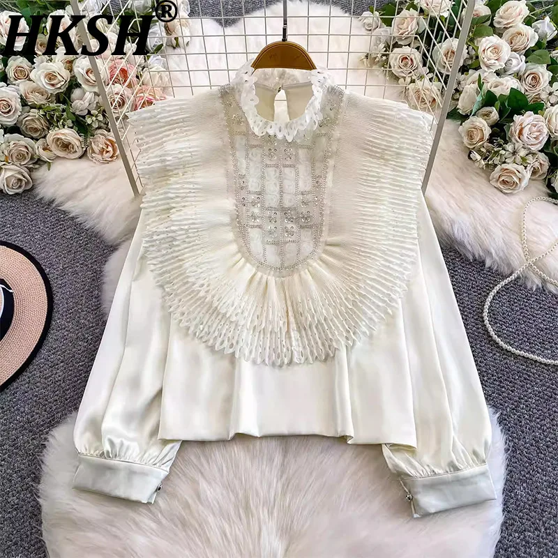 

HKSH Spring Autumn New Women Shirts Heavy Craft Ruffled Beaded Sequined Long Sleeves Luxury High-End Blouse Elegant Tops HK16452