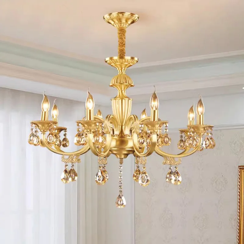 

Warm candlelight bedroom all-copper chandelier single floor 8 heads living room book room European candle crystal lamp