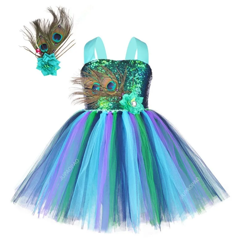 Flower Feathers Girls Peacock Tutu Dress Kids Tulle Princess Peacock Costume for Girls Pageant Halloween Birthday Party Gown BC