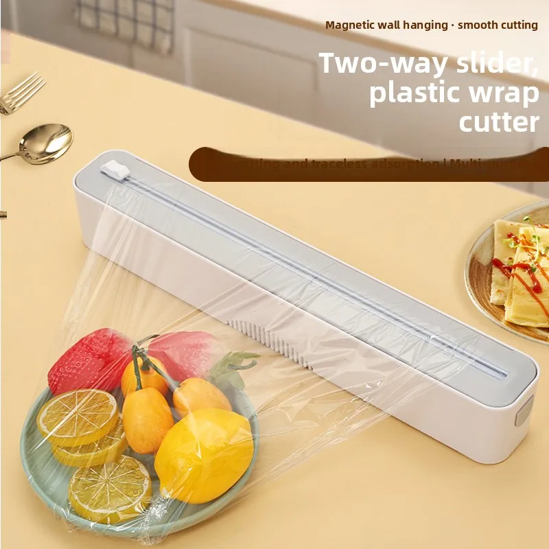 Kitchen plastic wrap cutter box tin foil large roll tight film two-way sliding knife magnetic refrigerator countertop