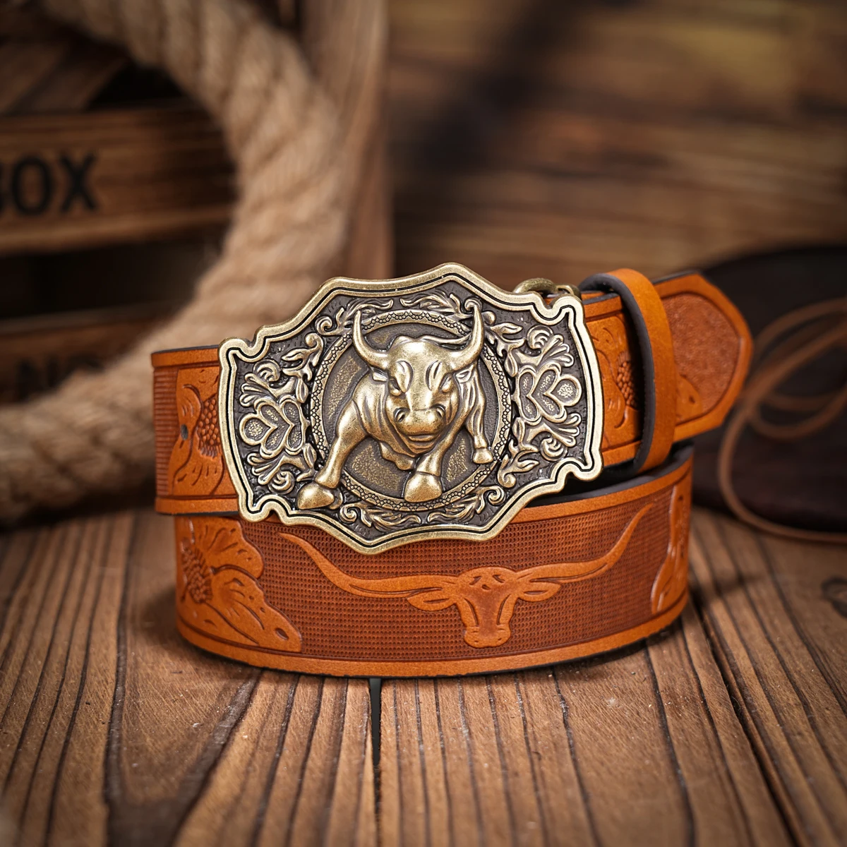 Western denim PU Belt - men's decorative printed carved denim waistband