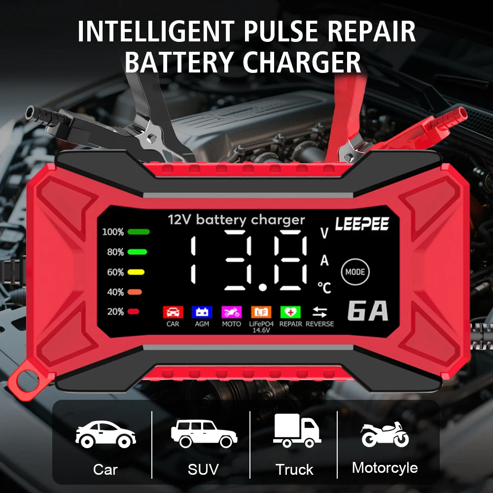 

Voltage Temperature Detection Car Battery Charger Overvoltage Protection Intelligent Pulse Repair 12V 6A Digital LCD Display