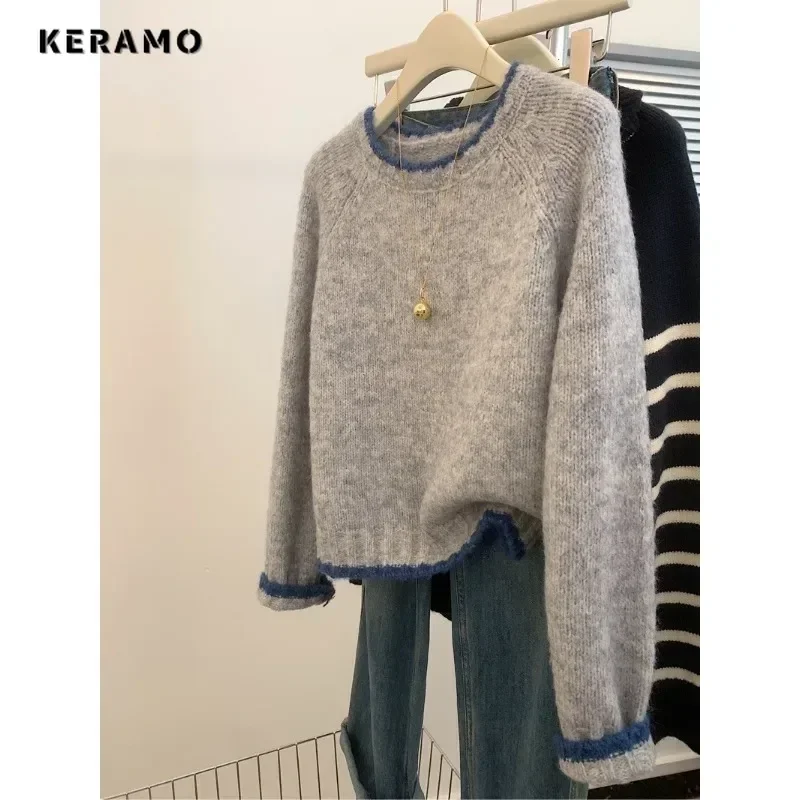 2024 Autumn Casual Grey Patchwork Knitting Long Sleeve Round Neck Pullovers For Women Vintage Office Lady Knitwear Sweater Top