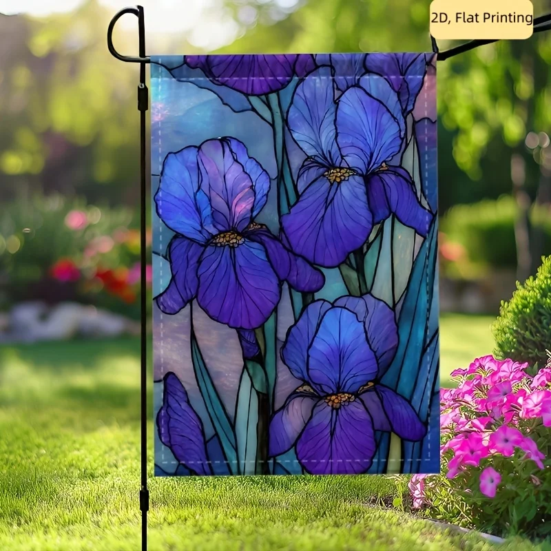 

2D plan, single 2D plan, garden flag design, pattern is a colorful glass-like purple iris flower pattern