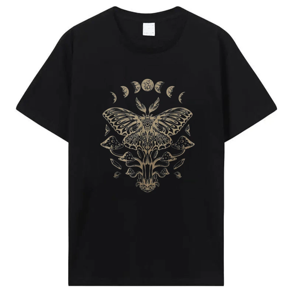 Moth Moon Phase Tee Trendy Cotton Tshirt Witchy Cottagecore Streetwear Mystical Mushroom Crystal Motif Nature Lovers Casual Tops