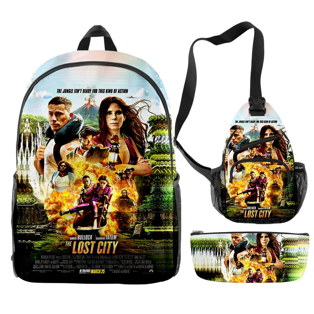 Trendy Youthful The Lost City Movie 3pcs/Set Backpack 3D Print Bookbag Laptop Daypack Backpacks Chest Bags Pencil Case