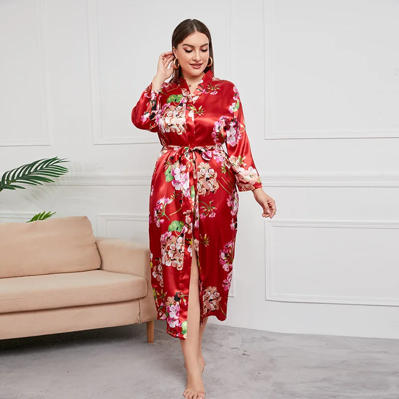 

Large size women's simulated silk red cardigan loungewear festive thin nightgown long sleeves fashionable simple temperament ele