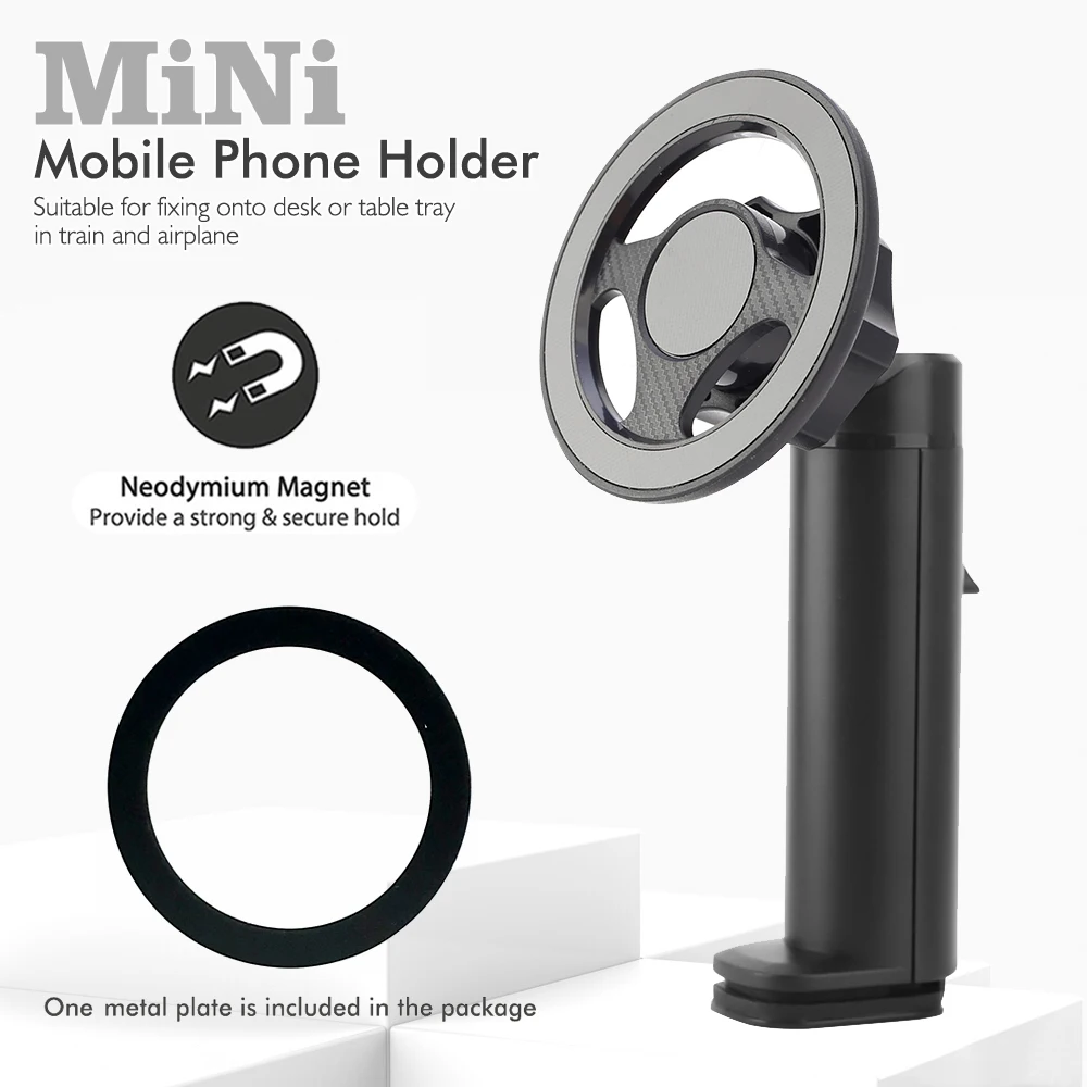 

Mini Magnet Mobile Phone Holder 360 Degree Freely Rotation Suitable for Fixing Onto Desk or Table Tray in Train and Airplane