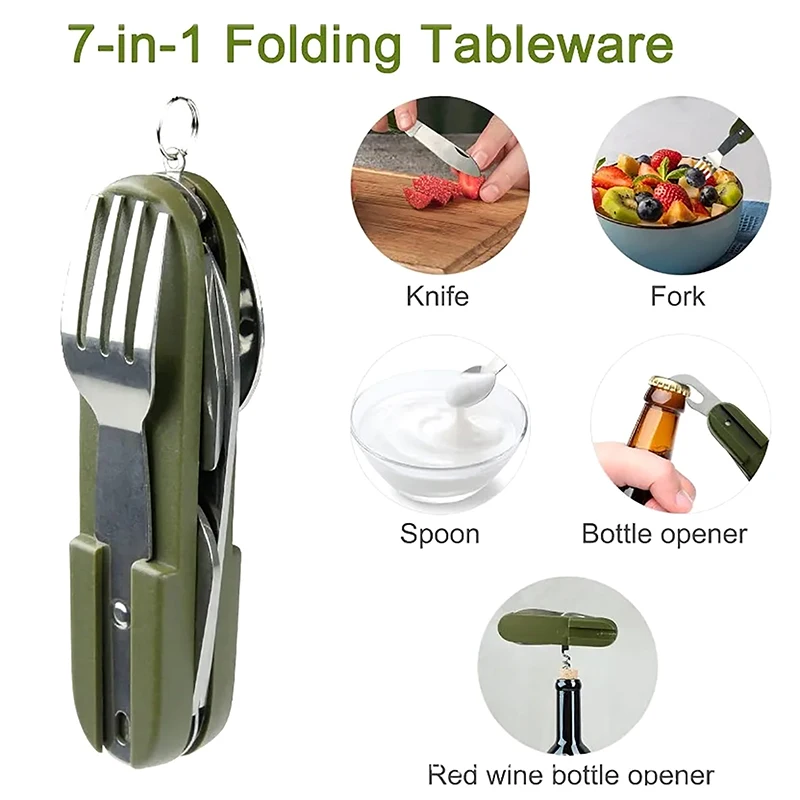 7 In 1 Multifunctional Outdoor Tableware Survival Tools Stainless Steel Foldable Fork Spoon Knife Picnic Camping Dinnerware