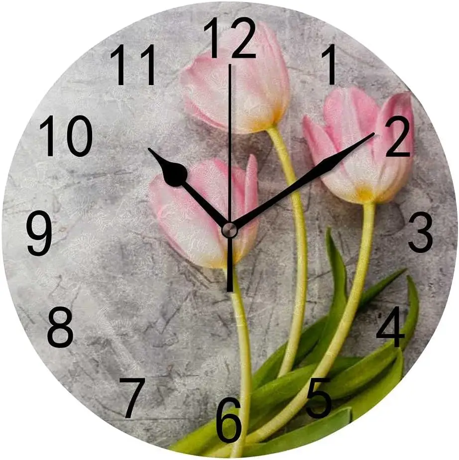 Generic Wall Clock Kitchen Large Clocks Wall Silent Beautiful flower Pink Tulips Quartz Battery Operated Non-Ticking Home Office