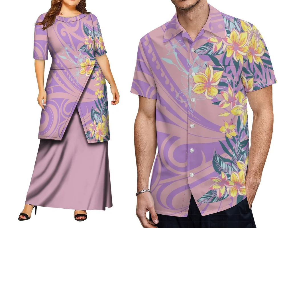 فستان أنيق من القماش المريح مصنوع حسب الطلب من بولينيزيا المطبوع للنساء وقميص جيب ريترو للرجال